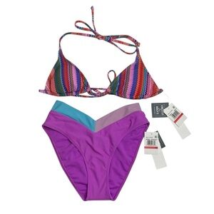 Salt + Cove Ziggy Pop Triangle Bikini Top & V-Cut Orchid Color Block Bottoms XS